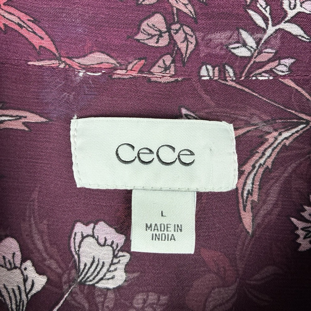 CeCe Floral Blouse L Purple Plum Bell Ruffle Long Sleeves Boho Peasant Hippie - Picture 8 of 10